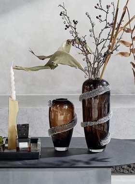 现代轻奢酒店样板间客厅餐厅桌面摆件琥珀色琉璃花瓶搭配组合套装