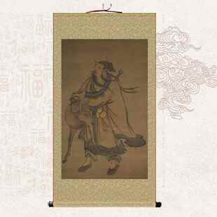 古画复制张路仙人携鹿图玄关走廊装饰画客厅书房新中式卷轴画挂画