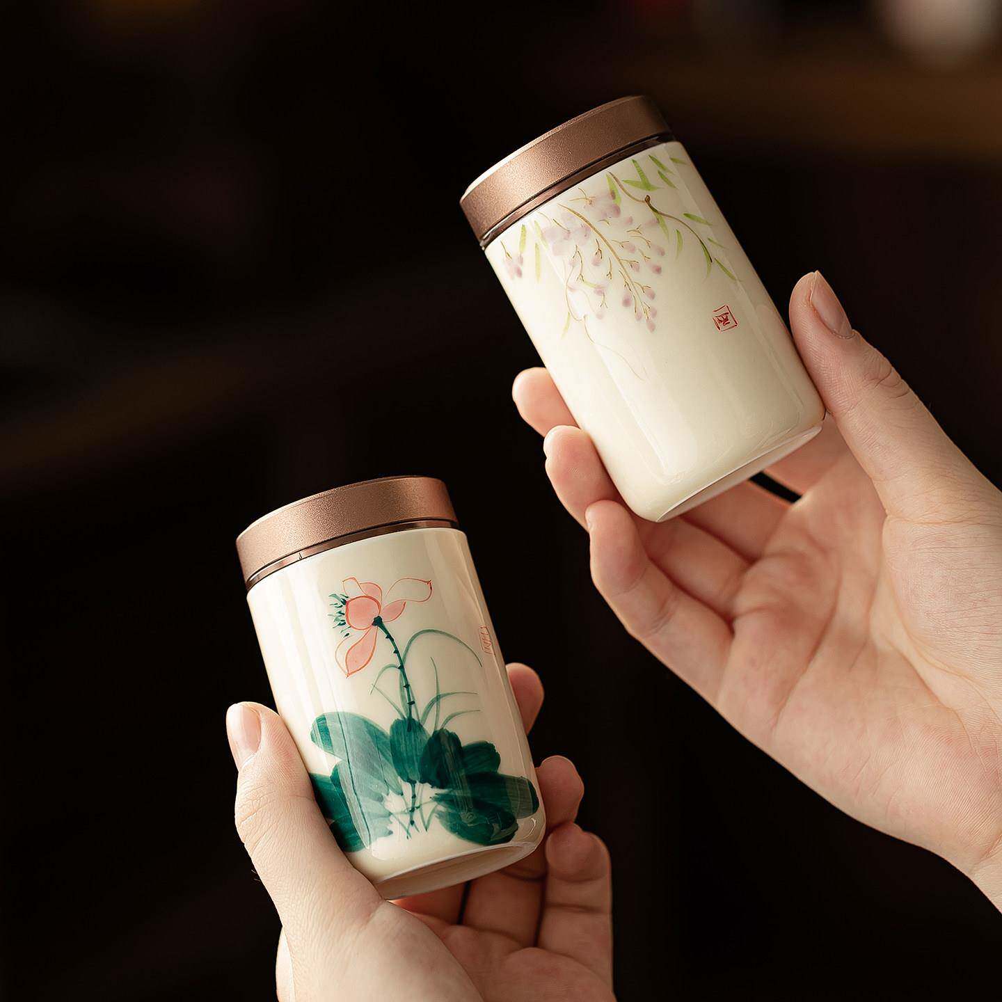 手绘釉下彩茶叶罐迷你小号密封罐陶瓷罐家用便携小茶罐防潮罐储物