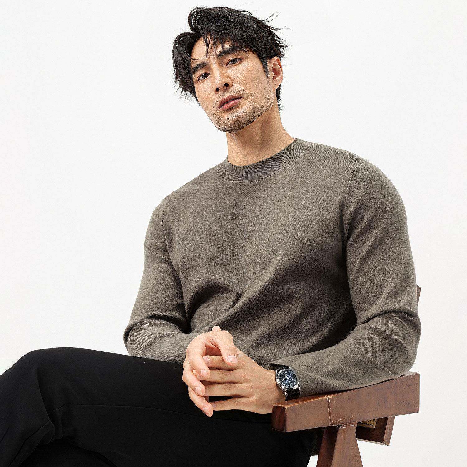 香港新款男士毛衣羊毛秋冬季圆领修身内搭低领加厚保暖打底针织衫