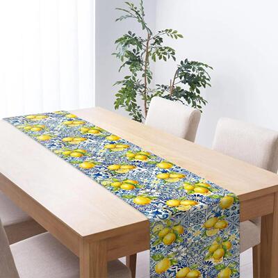 Summer Lemon Tiles Linen Table Runner Holiday Party Decor Re