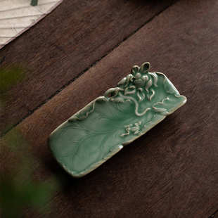 半手工越窑梅子青浮雕荷花蛙趣茶则功夫茶具陶瓷茶匀观茶茶道配件