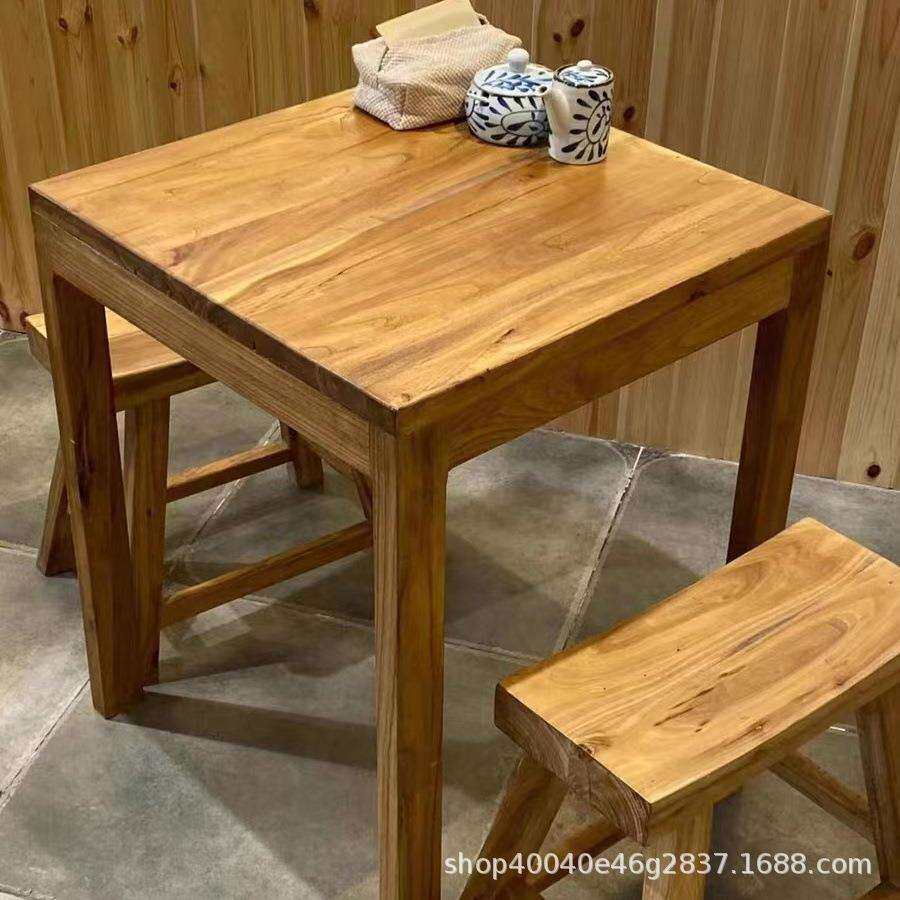 复古怀旧老榆木咖啡厅桌椅小吃快餐店桌椅家用庭院全实木八仙桌椅