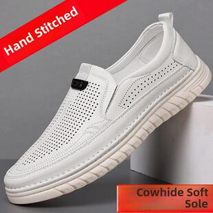 潮牌夏季新款白色牛筋底凉鞋男休闲真皮镂空透气软底洞洞凉皮鞋男
