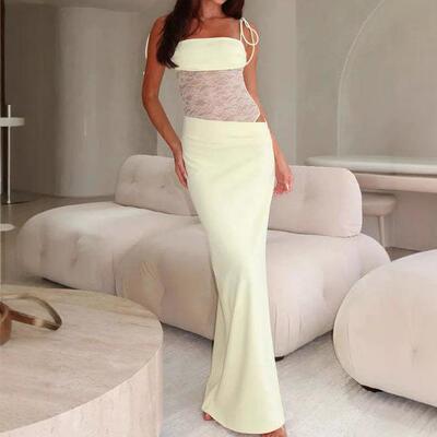 Women Plain Contrast Lace Dress Formal Evening Sleeveless