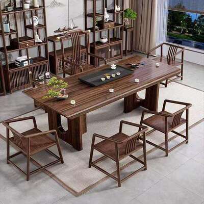 中式乌金木大板实木茶桌合椅KER组实禅意办公室家用新一体客厅木