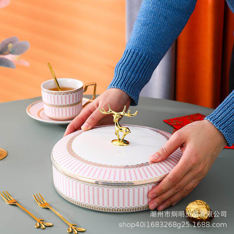 欧式干果盘分格带盖客厅新年家用陶瓷糖果盘轻奢双层坚果盘水果盘