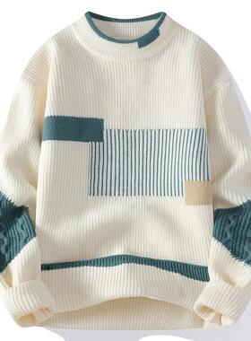Men's Mock Neck Knitted Sweater Fashion Patchwork Knitting