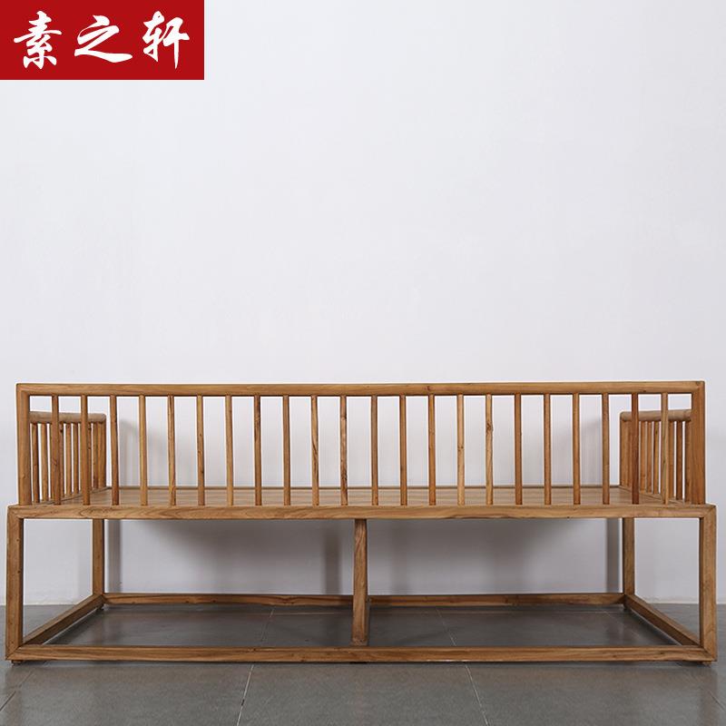 新中式简约罗汉床塌贵妃榻老榆木实木沙发床禅意免漆床榻榫卯家具