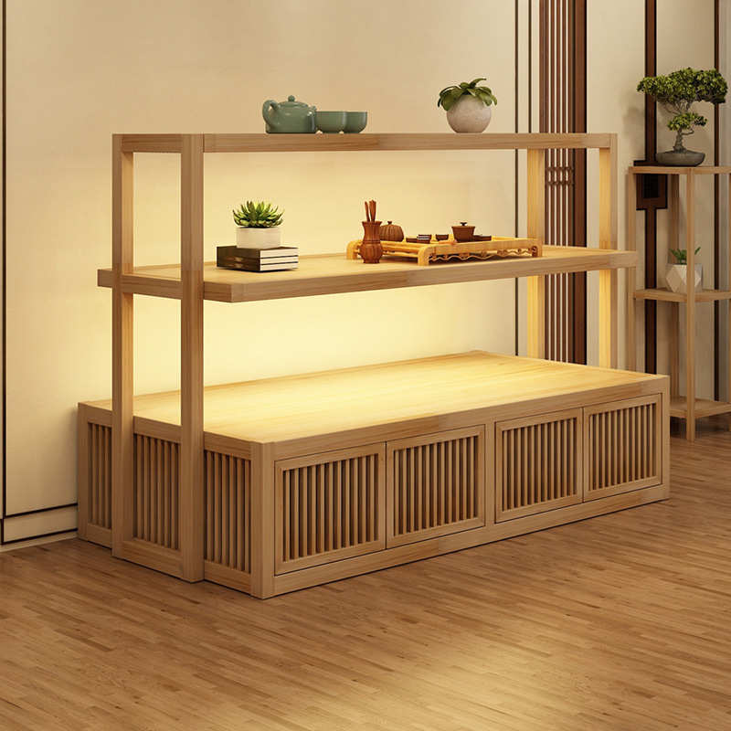 流水台中岛柜茶叶店展示柜中式实木货架展会产品陈列柜原木置物架