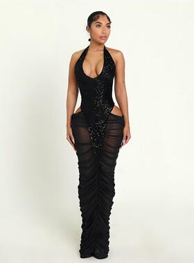 Women's Slim Fit Sequined Mesh Dress Sexy Sheer Ruched