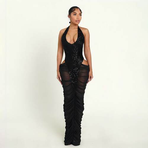 Women's Slim Fit Sequined Mesh Dress Sexy Sheer Ruched