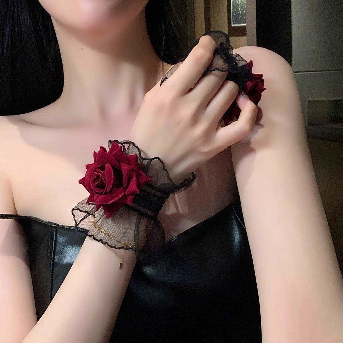 暗黑系玫瑰花蕾丝手环女手腕套手链红色手袖结婚礼服洛丽塔