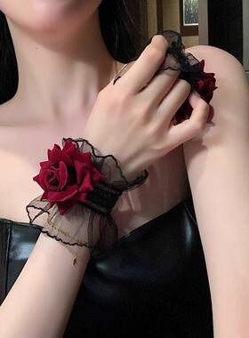 暗黑系玫瑰花蕾丝手环女手腕套手链红色手袖结婚礼服洛丽塔