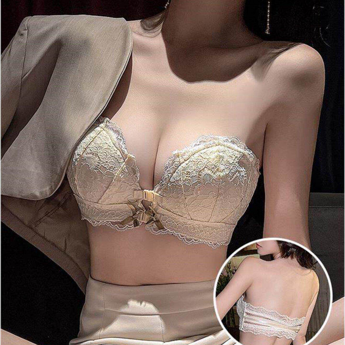 VALINGNSL内衣女小胸聚拢前扣无肩带防滑美背抹胸式蕾丝小可爱罩