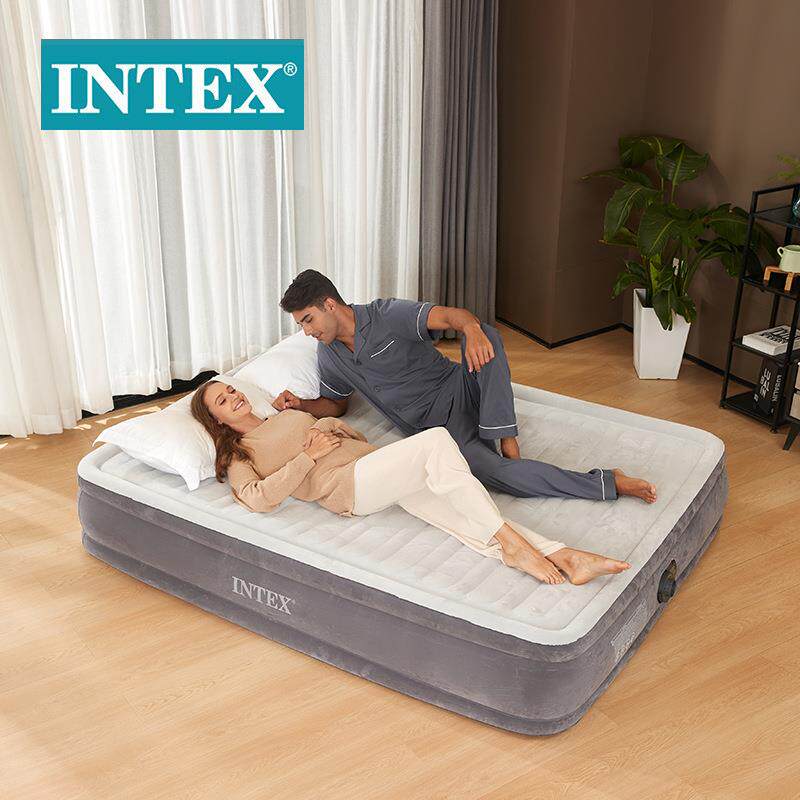 INTEX67770豪华灰白双层双人加大线拉空气床内置电泵植绒充气床