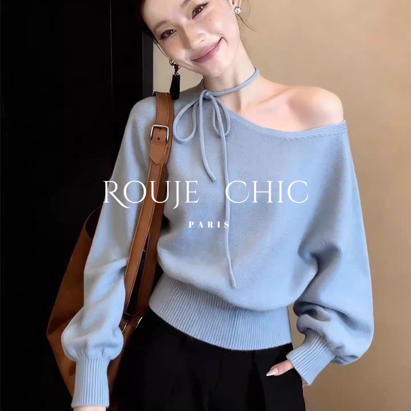 法国rouje chic法式浅蓝色斜肩系带针织衫女早春季显瘦设计感上衣