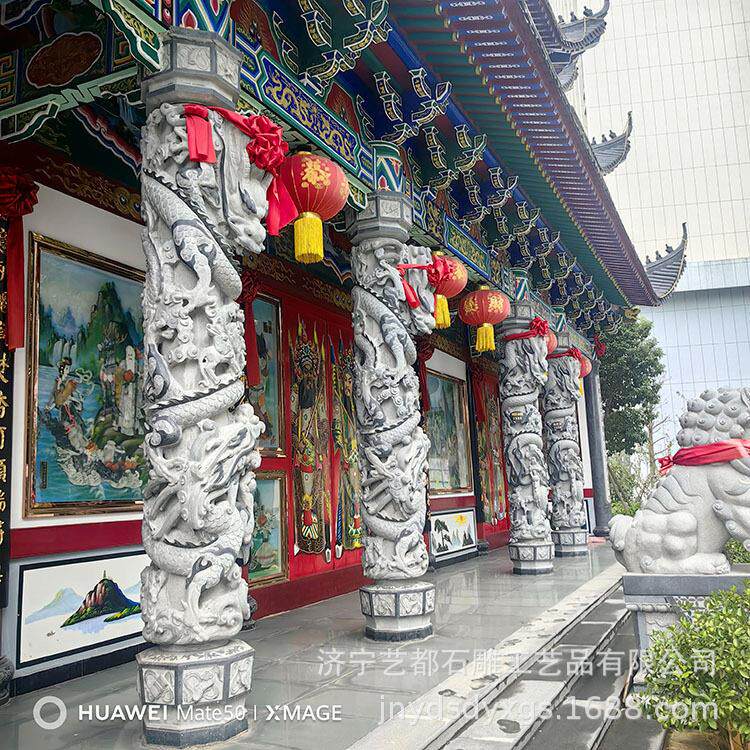 青石浮雕龙柱 寺庙家祠盘龙柱文化柱 园林广场十二生肖图腾柱