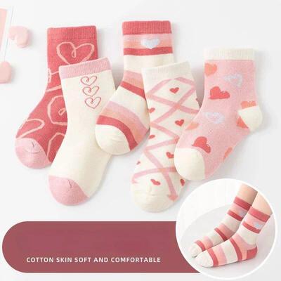 5 Pairs/Lot Kids Soft Cotton Socks Korean Love Heart Flower