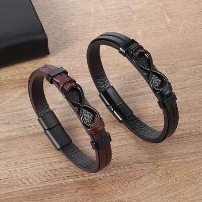 Mens Womens Couple Metal Infinity Sign Leather Bracelet Magn