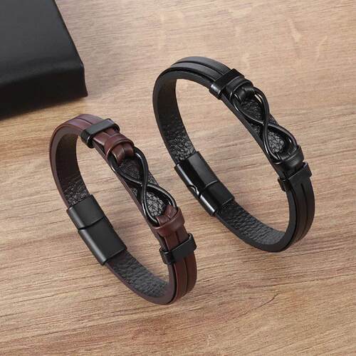 Mens Womens Couple Metal Infinity Sign Leather Bracelet Magn