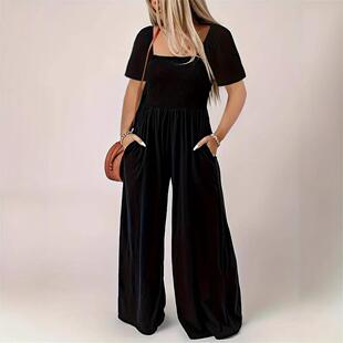 Women's Plain Lantern Sleeve Wide Leg Jumpsuit Solid Color