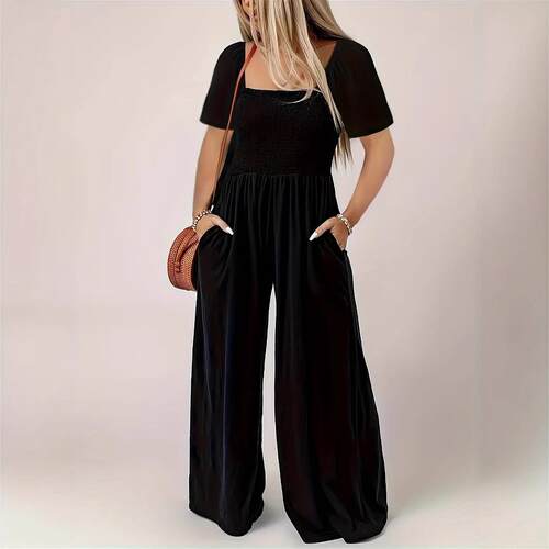 Women's Plain Lantern Sleeve Wide Leg Jumpsuit Solid Color