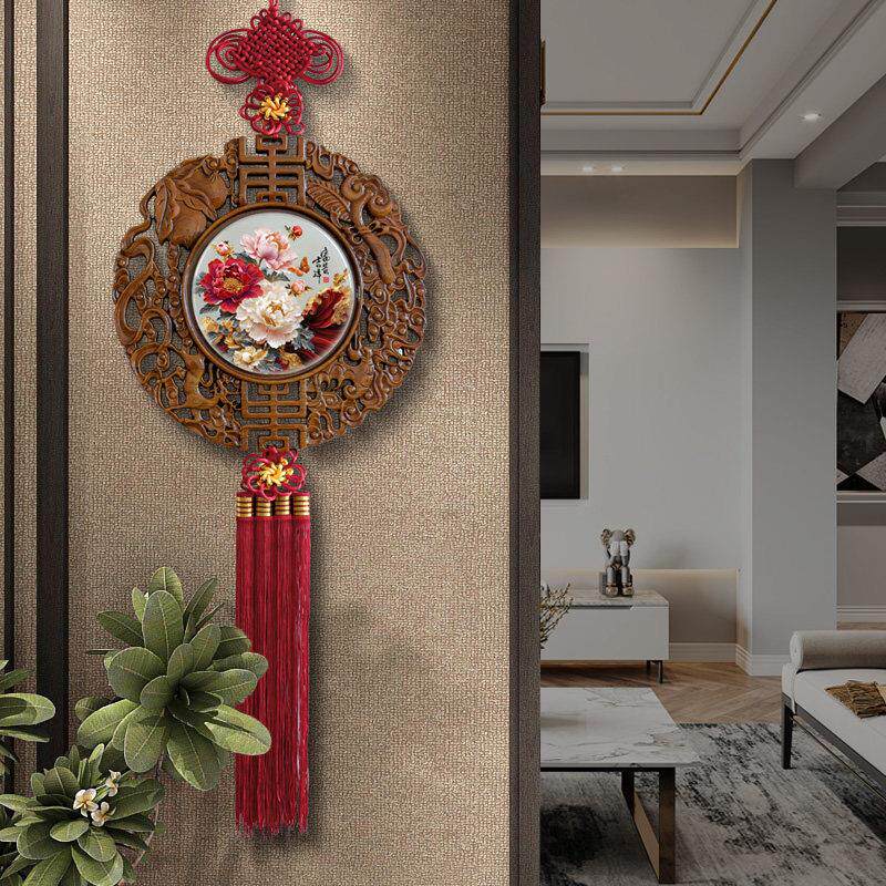 中古风装饰画客厅玄关挂画入户正对门墙上装饰品圆形玉石木雕挂件
