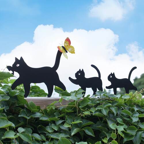 创意金属猫母子3件套栅栏装饰木桩黑猫雕塑铁艺户外庭院围墙装饰