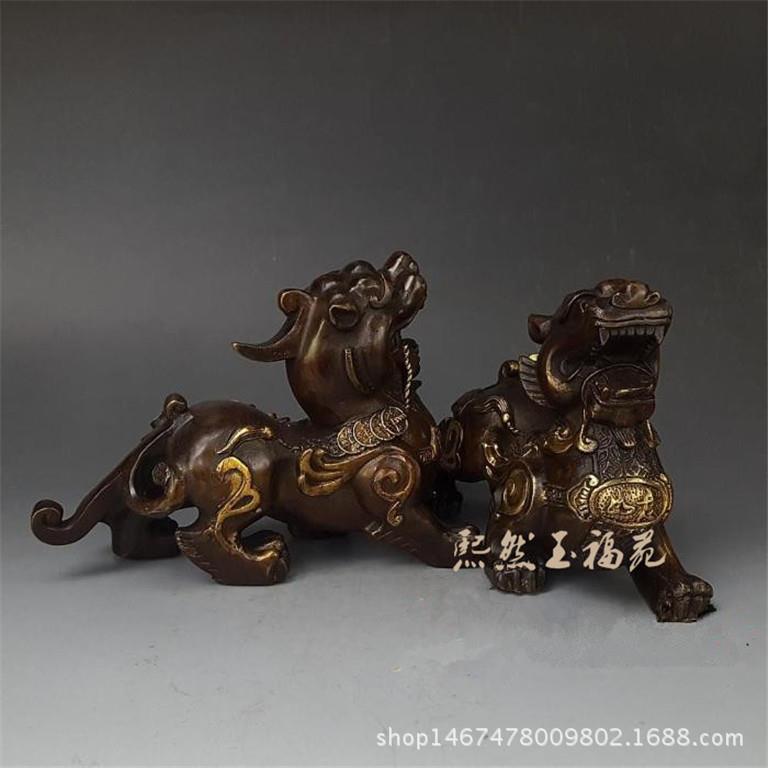 仿古纯铜鎏金如意貔貅摆件铜貔貅一对家居古玩铜器工艺品摆件