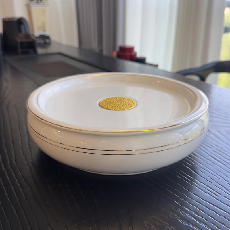 中式茶盘功夫茶具茶船喝茶陶瓷储水式圆形描金纯白家用泡茶新款