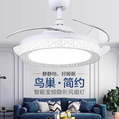 隐形吊扇灯52寸鸟巢全光谱扇客厅简约黑白卧室吊灯智能餐厅风扇灯