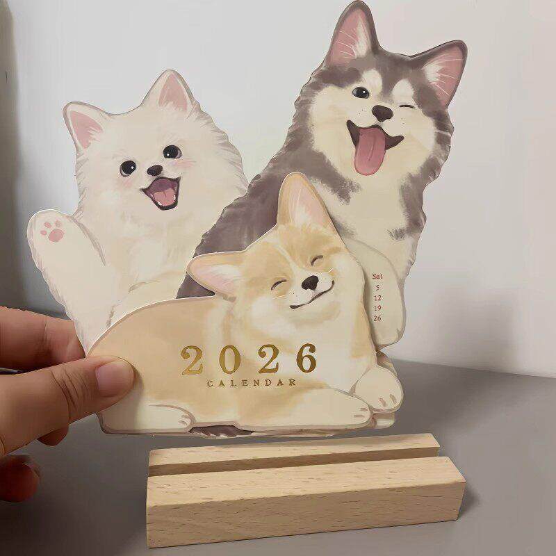 2026年新款马年木质底座立体台历月历办公室可爱猫咪摆件桌面创意