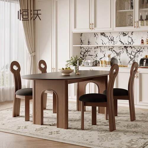 鼎立诚法式中古餐桌2025小户型家用饭桌实木椭圆形黑色岩板拱门