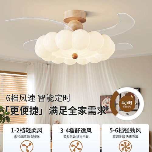 卧室灯隐形风扇灯新款奶油胡桃木纹儿童房间中古护眼吸顶灯具412J