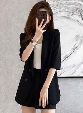 黑色西装外套女夏季薄款2026新款职业短袖小个子中袖西服短裤套装