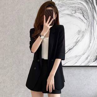 黑色西装外套女夏季薄款2026新款职业短袖小个子中袖西服短裤套装