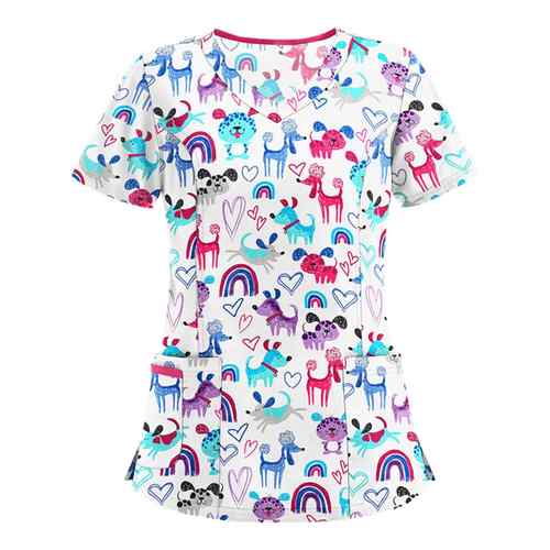 Women's Animal Short Sleeve Heart Collar Nursing Worker Top