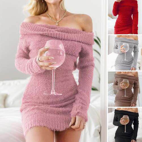 Women's Plain Off The Shoulder Bodycon Sweater Dress without