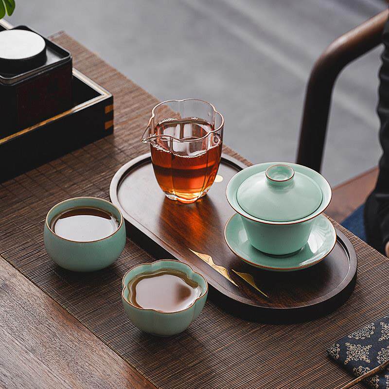 汝窑盖碗茶杯套装办公二人用茶具陶瓷三才茶碗不烫手公道杯小套组