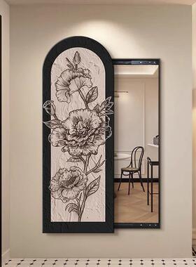 中古风花卉入户玄关可推拉全身镜挂画法式复古隐藏式穿衣镜装饰画