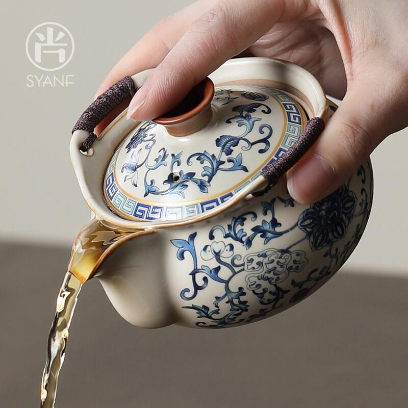 功夫茶具泡茶手抓壶盖碗茶杯高档大号防烫家用青花汝窑茶碗带盖子