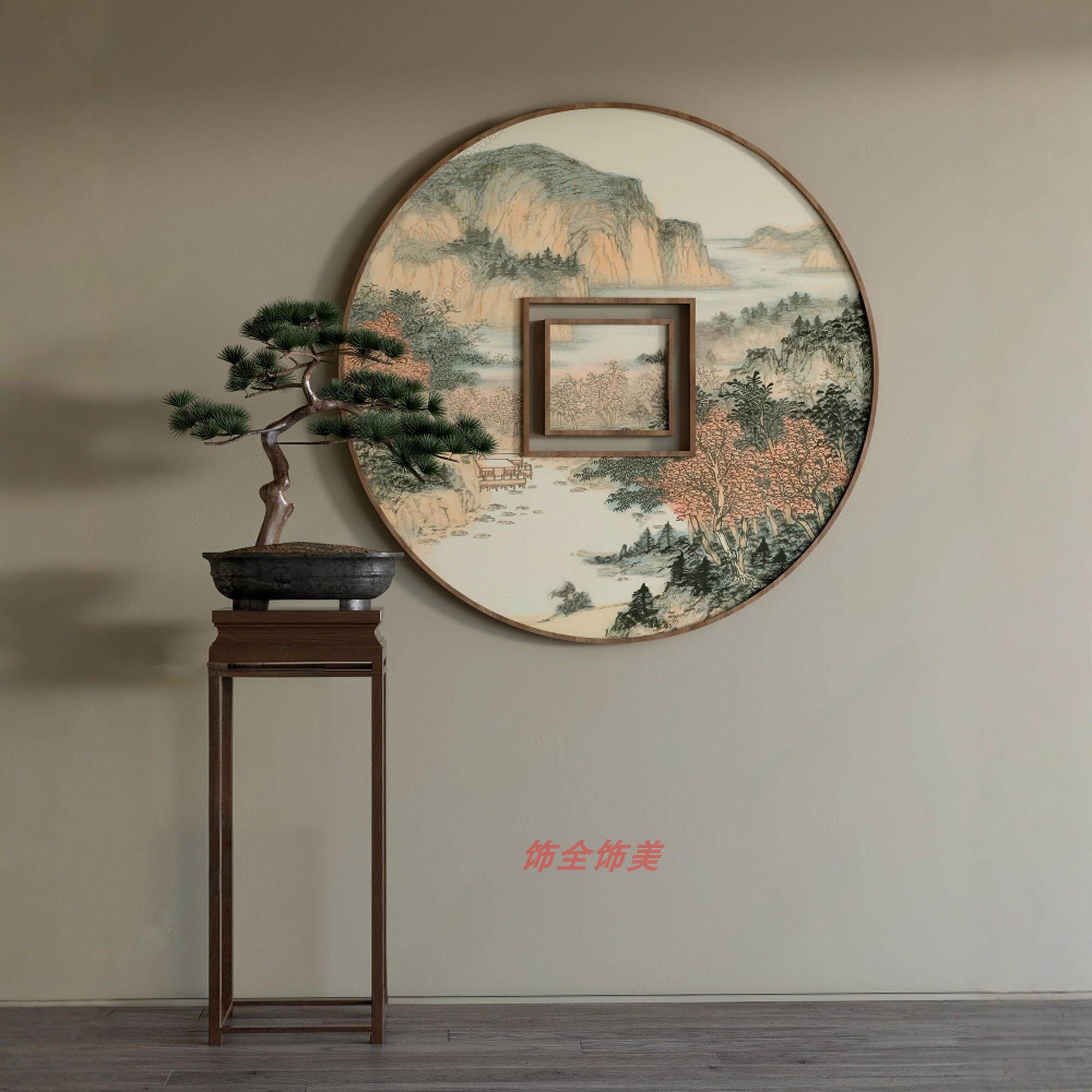 新中式入户玄关铁艺装饰画半圆组合圆满挂画客厅背景墙八卦圆壁画
