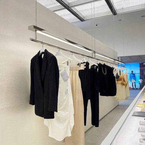 新款带灯吊架不锈钢吊顶架买手店女装店橱窗悬挂货架子服装店吊杆