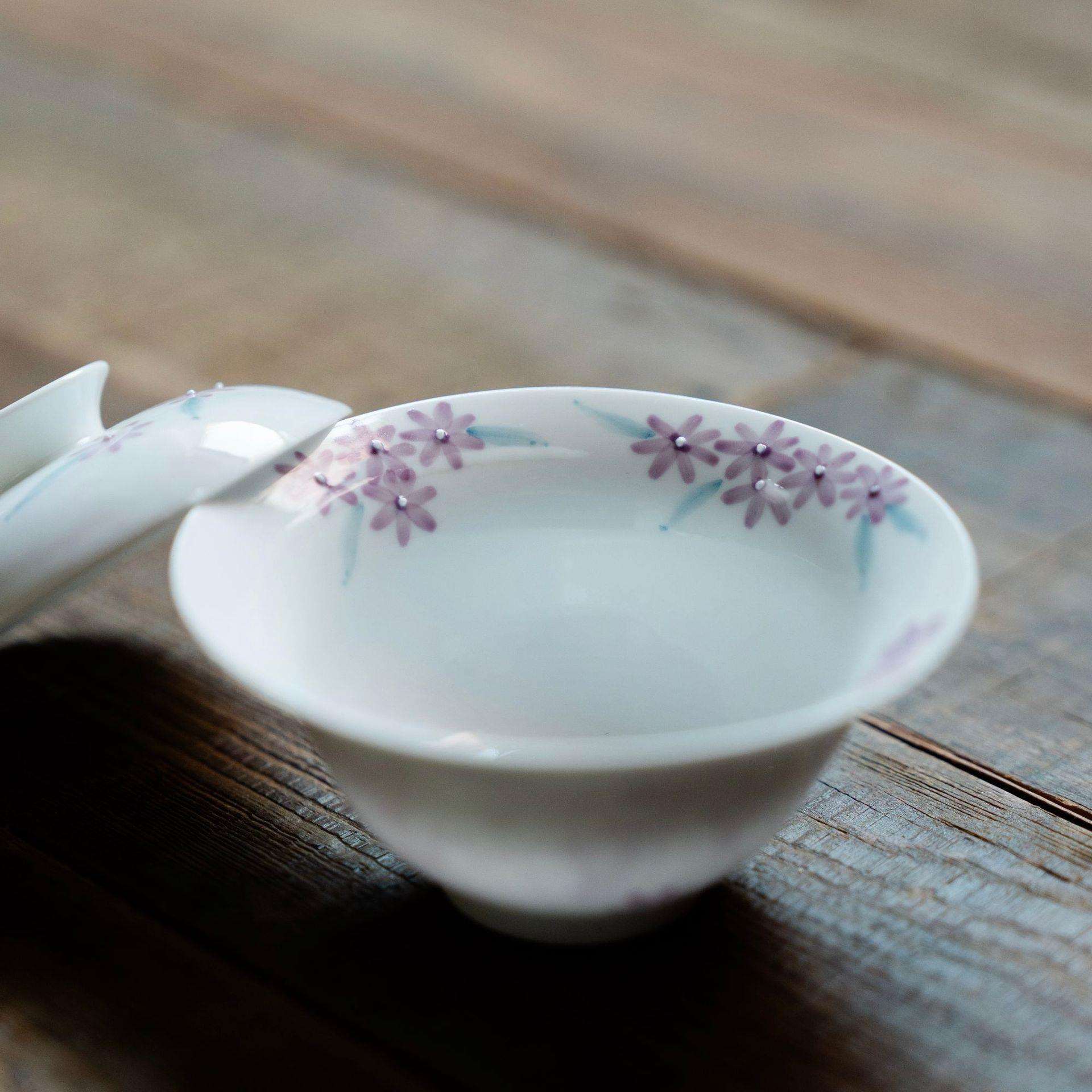 野有作纯手绘紫霞花盖碗手工陶瓷花口泡茶碗茶杯大号茶艺茶碗不烫