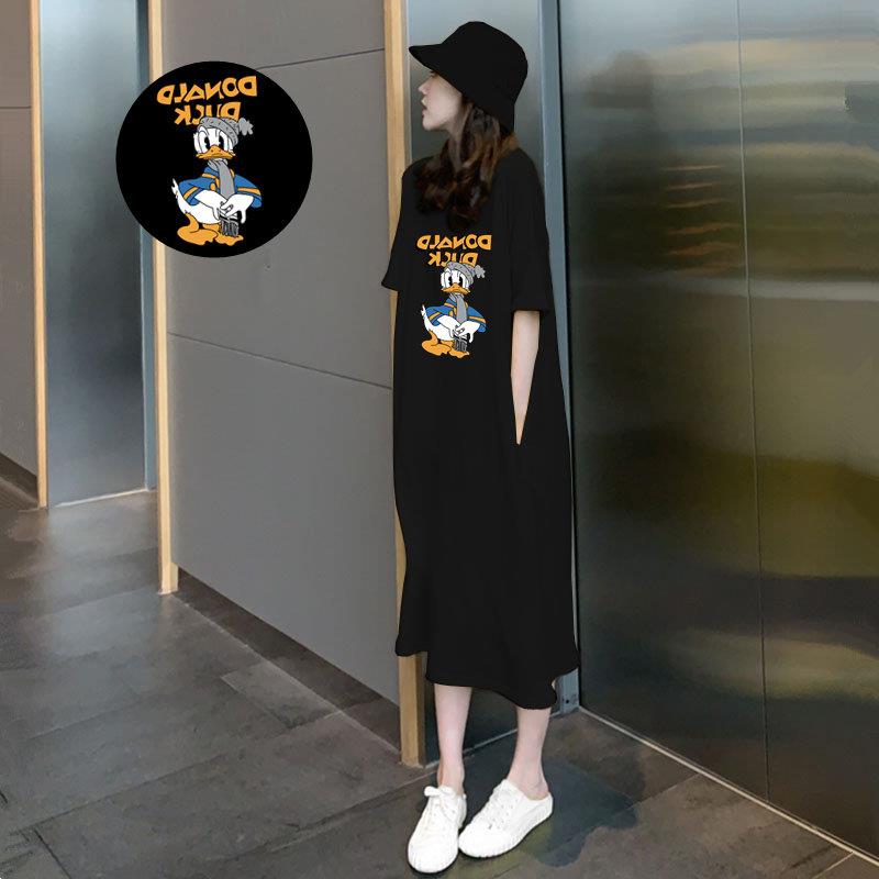 黑色洋装女夏季2025新款宽松显瘦中长版卡通印花短袖T恤裙ins潮