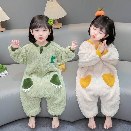 儿童连体睡袋男女宝宝法兰绒秋冬款女童加厚珊瑚绒婴儿防踢被睡衣