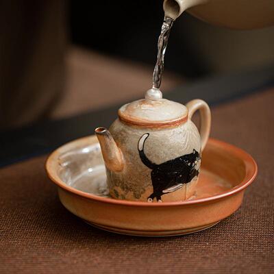 创意手绘志野猫听流壶承茶承壶托陶瓷茶壶隔热垫茶具配件果盘托盘