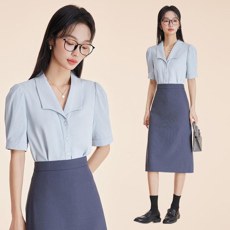 短袖轻职场衬衫女夏教资大学生公考答辩面试通勤衬衫半身裙两件套