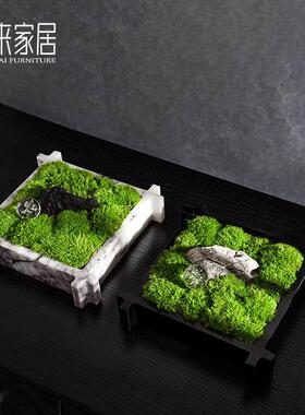 大理石苔藓花艺摆件方形石材花器绿植摆设样板间客厅茶几软装饰品